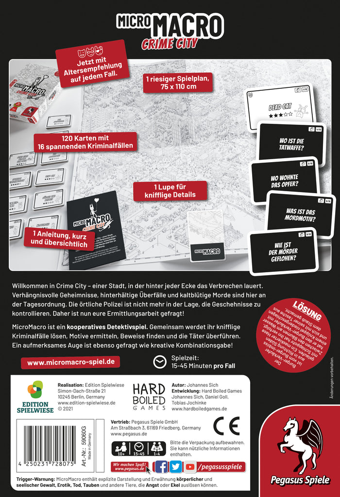 Edition Spielwiese MicroMacro Crime City Brettspiel Spiel des Jahres 2021 box back Präsentation