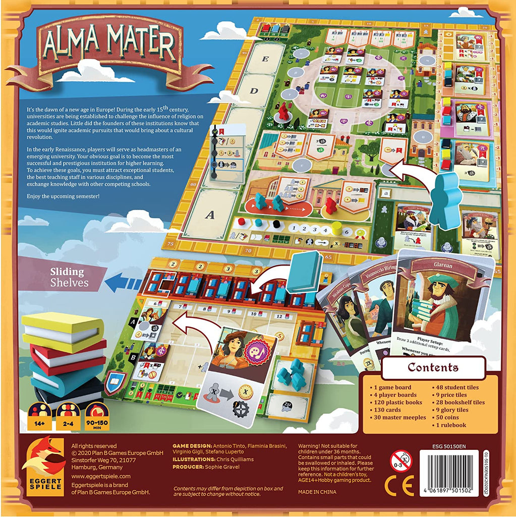 Eggertspiele Alma Mater board game box back with descriptions