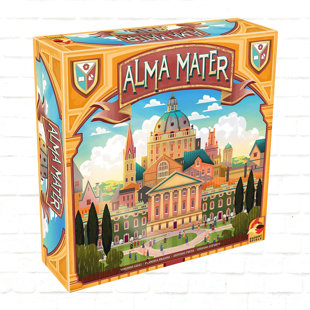 Eggertspiele Alma Mater English Edition 3d cover of a board game for 2 to 4 players ages 14 and up playing time 90 to 150 minutes