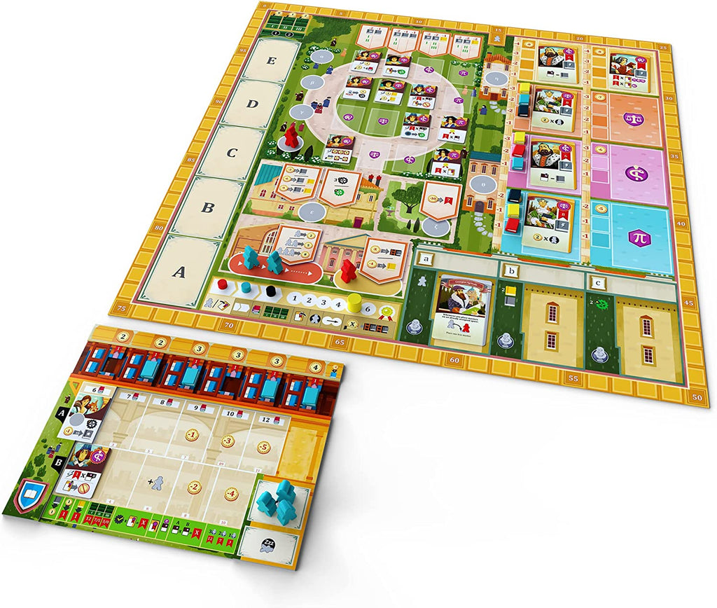 Eggertspiele Alma Mater board game components with player board and main board