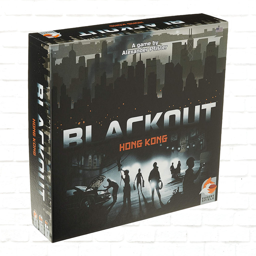 Eggertspiele Blackout Hong Kong English Edition 3d cover of a board game for 1 to 4 players ages 14 and up playing time 75 to 150 minutes