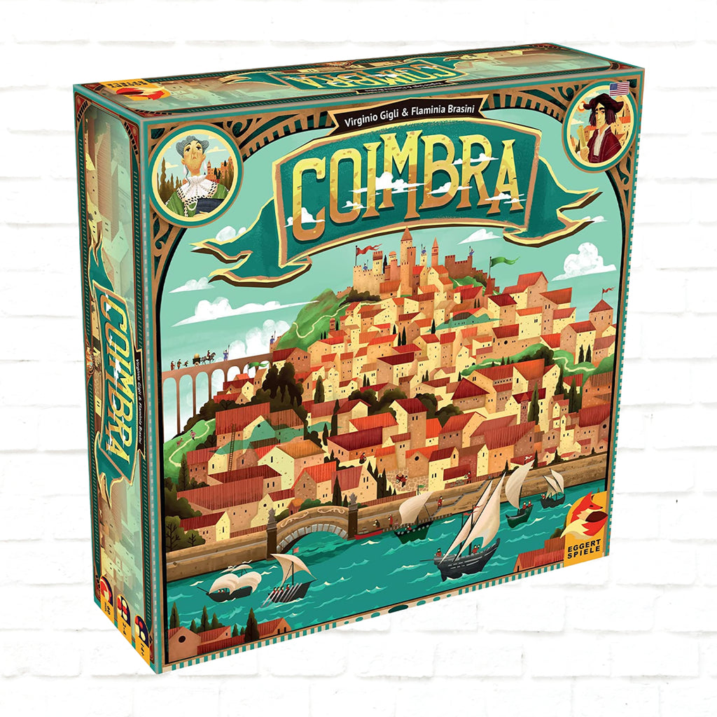 Eggertspiele Coimbra English Edition 3d cover of a board game for 2 to 4 players ages 14 and up playing time 60 to 90 minutes