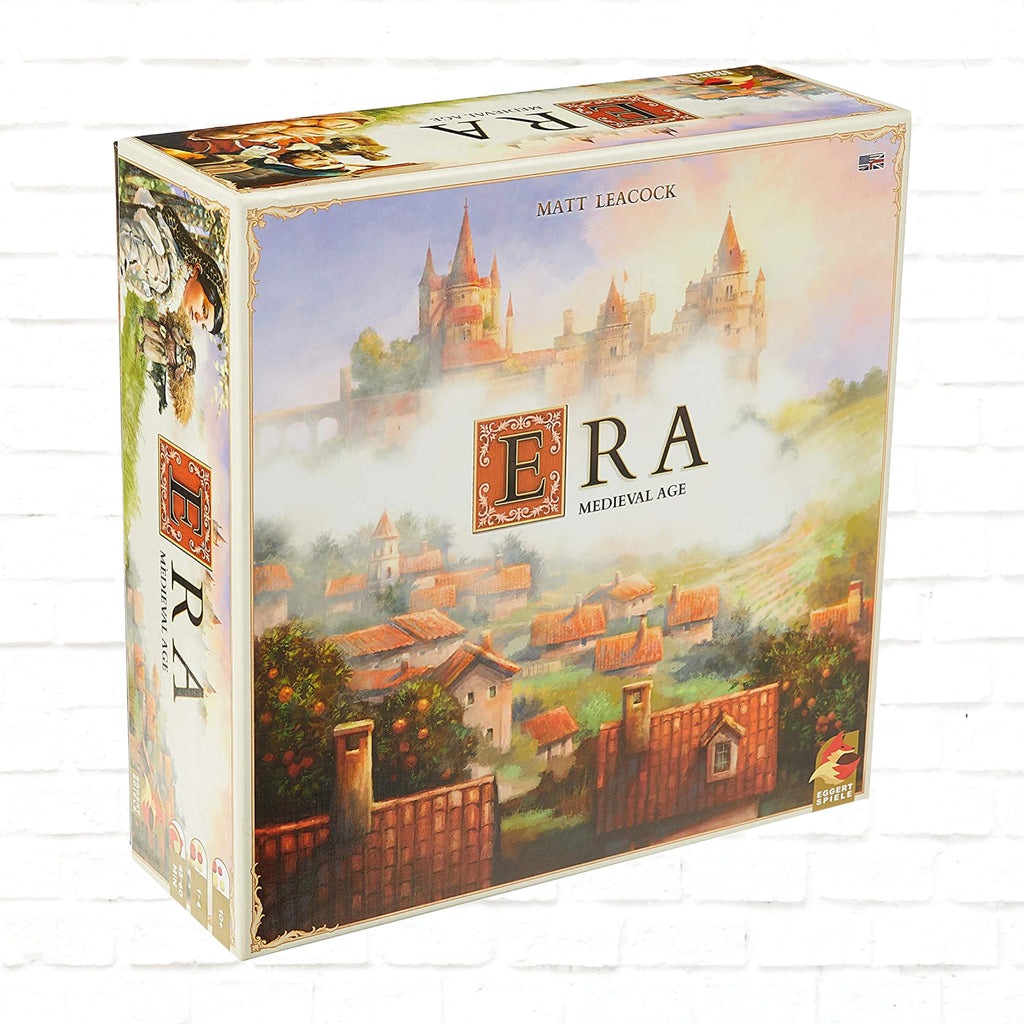 Eggertspiele Era Medieval Age English Edition 3d cover of a board game for 1 to 4 players ages 8 and up playing time 45 to 60 minutes