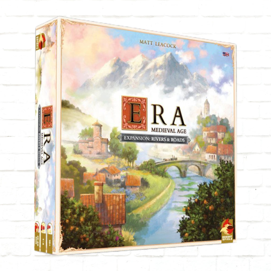 Eggertspiele Era Medieval Age Rivers and roads expansion English Edition 3d cover of a board game for 1 to 4 players ages 8 and up playing time 45 to 60 minutes