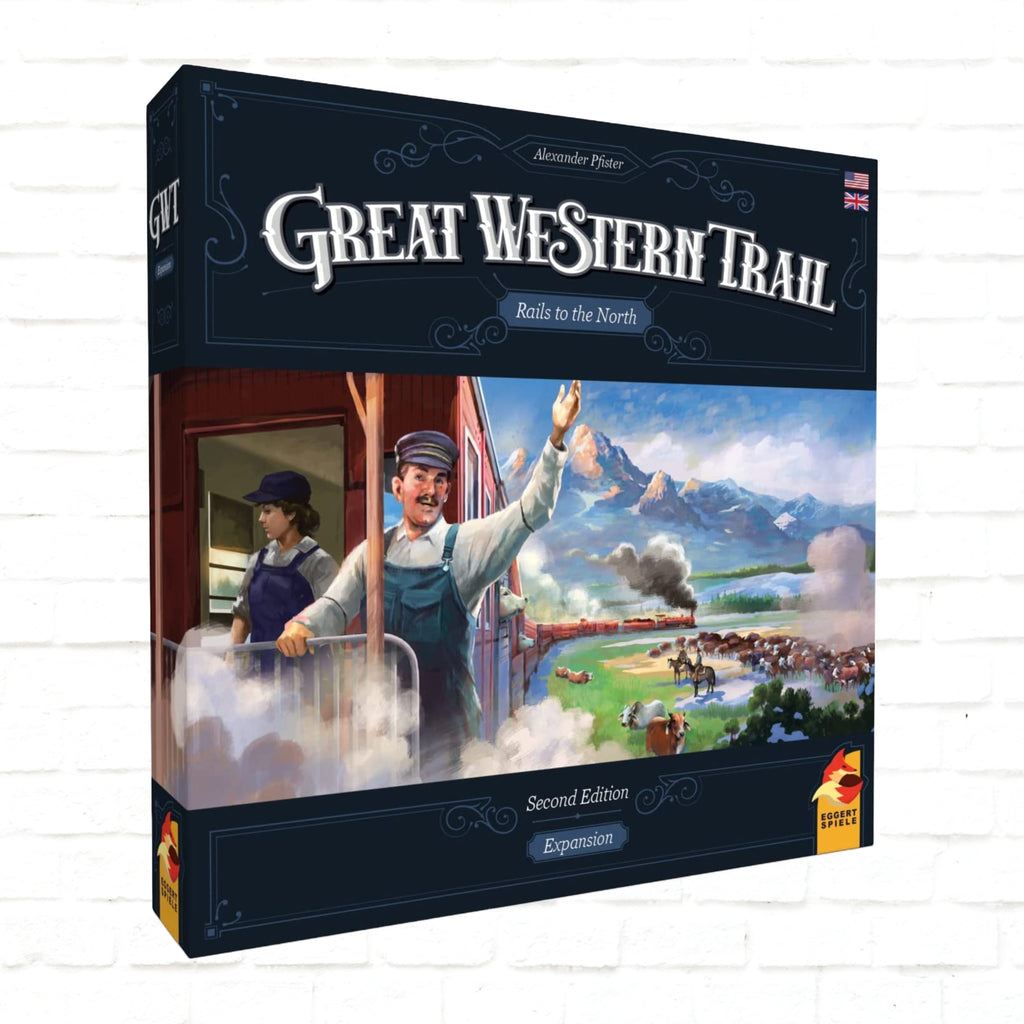 Eggertspiele Great Western Trail 2nd edition Rails to the North expansion English Edition 3d cover of a board game for 1 to 4 players ages 12 and up playing time 75 to 150 minutes