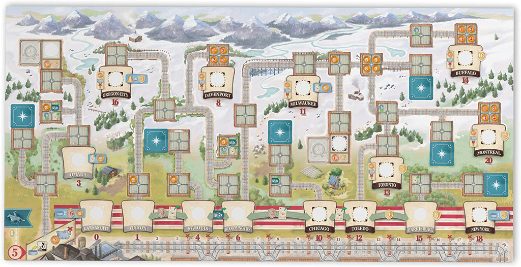 Eggertspiele Great Western Trail 2nd edition Rails to the North expansion board of the game including cities of Buffalo Milwaukee Davenport Oregon City  Montreal