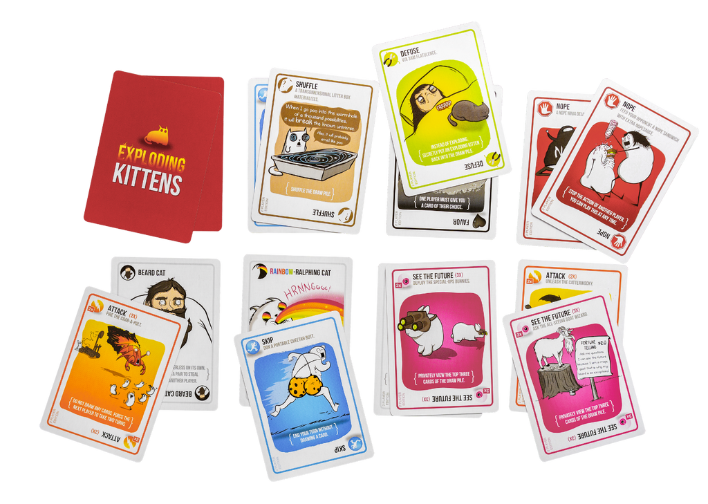 Exploding Kittens 2 player ediiton cards displayed and presented by type