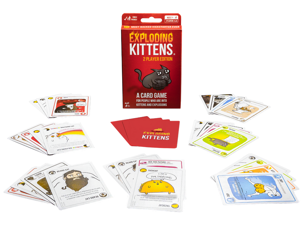 Exploding Kittens 2 player card game contents presentation with cards displayed