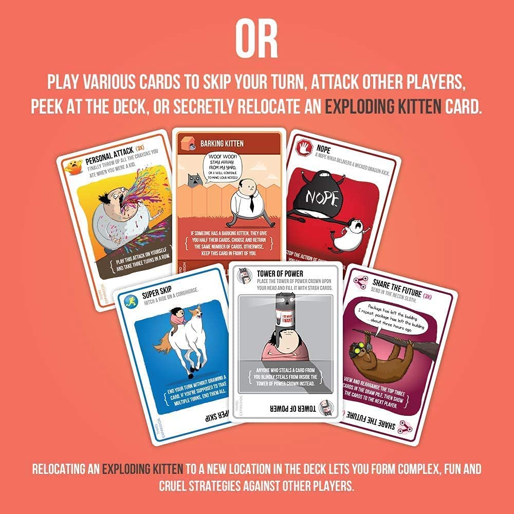 Exploding Kittens Barking Kittens card game expansion description of possibilities of different cards