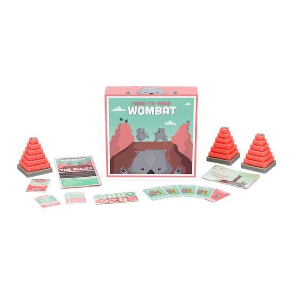 Exploding Kittens Hand to Hand Wombat board game contents with cards towers and rulebook displayed