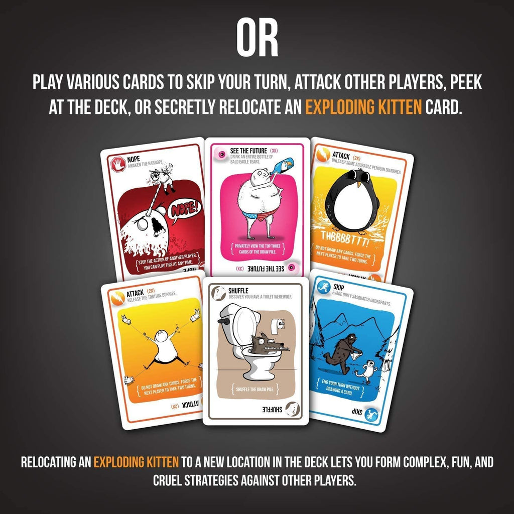 Exploding Kittens Exploding Kittens NSFW Edition cards to skip your turn and avoid the exploding kitten cards