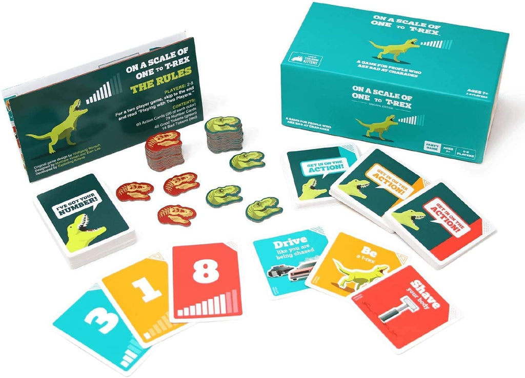 Exploding Kittens On A Scale of One to T-Rex card game contents displayed 