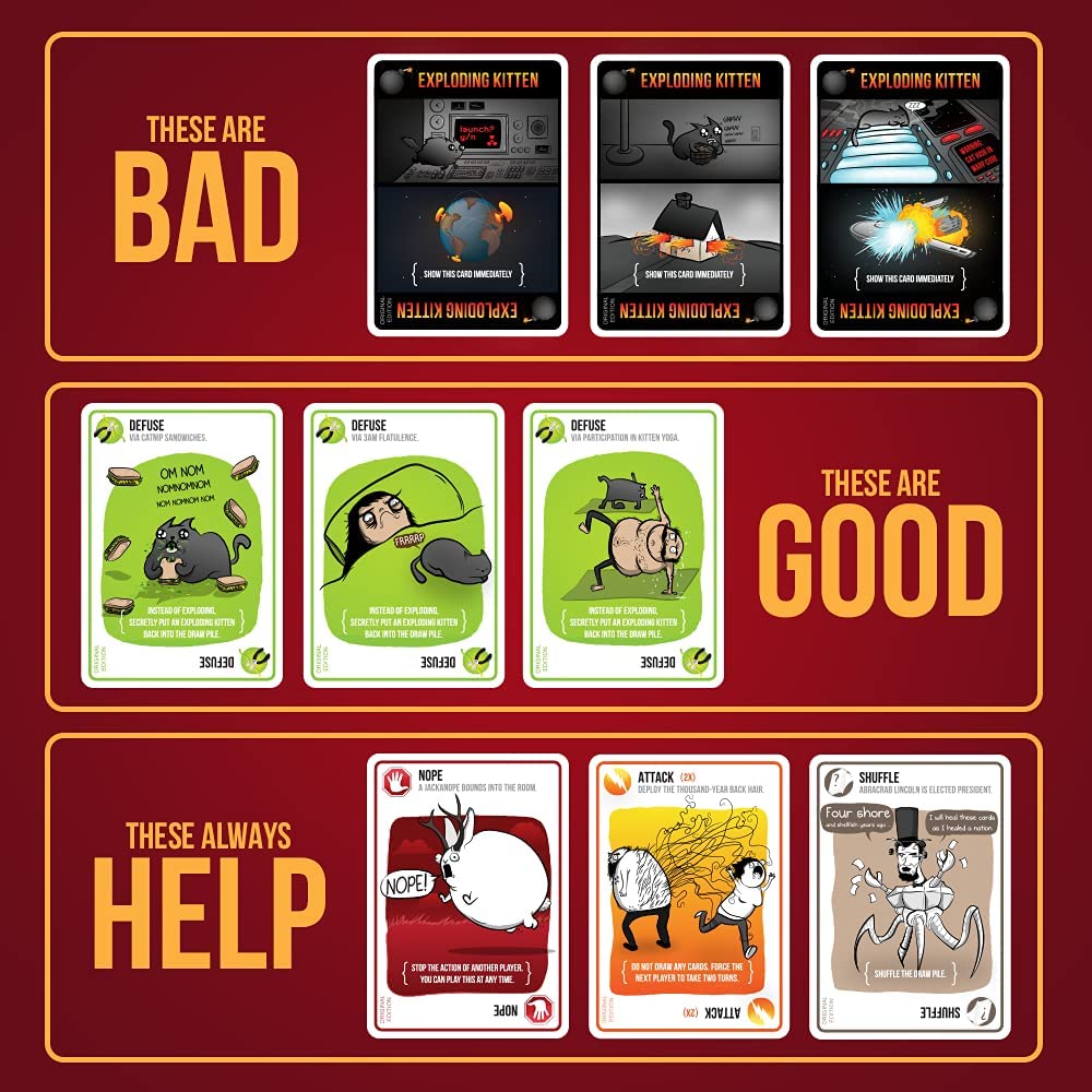 Exploding Kittens Original Edition card game presentation of good bad and helpful cards