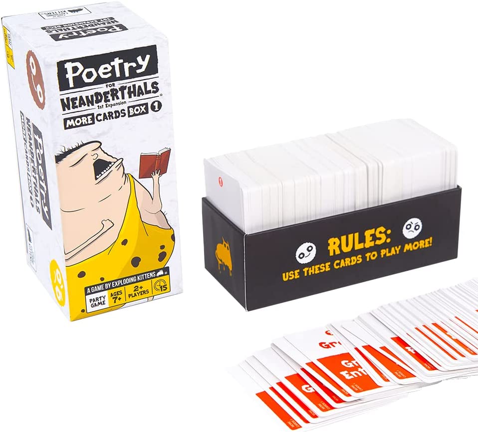 Exploding Kittens Poetry for Neanderthals More cards box 1 expansion for party card game contents rulebook and cards displayed