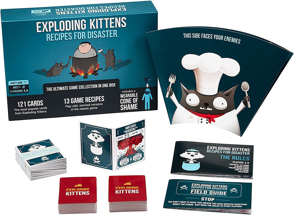 Exploding Kittens Recipes for Disaster card game contents with cone of shame cards rulebook displayed
