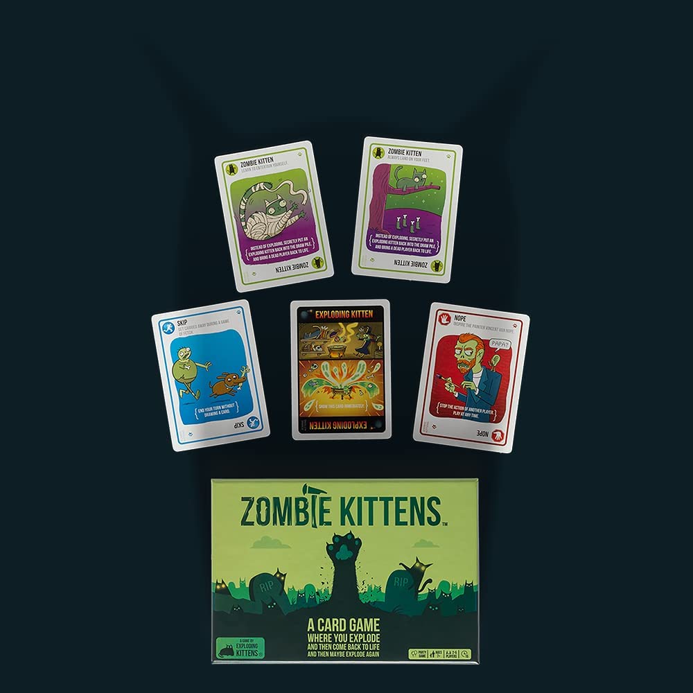 Exploding Kittens Zombie Kittens card game displayed by type of card in the party game