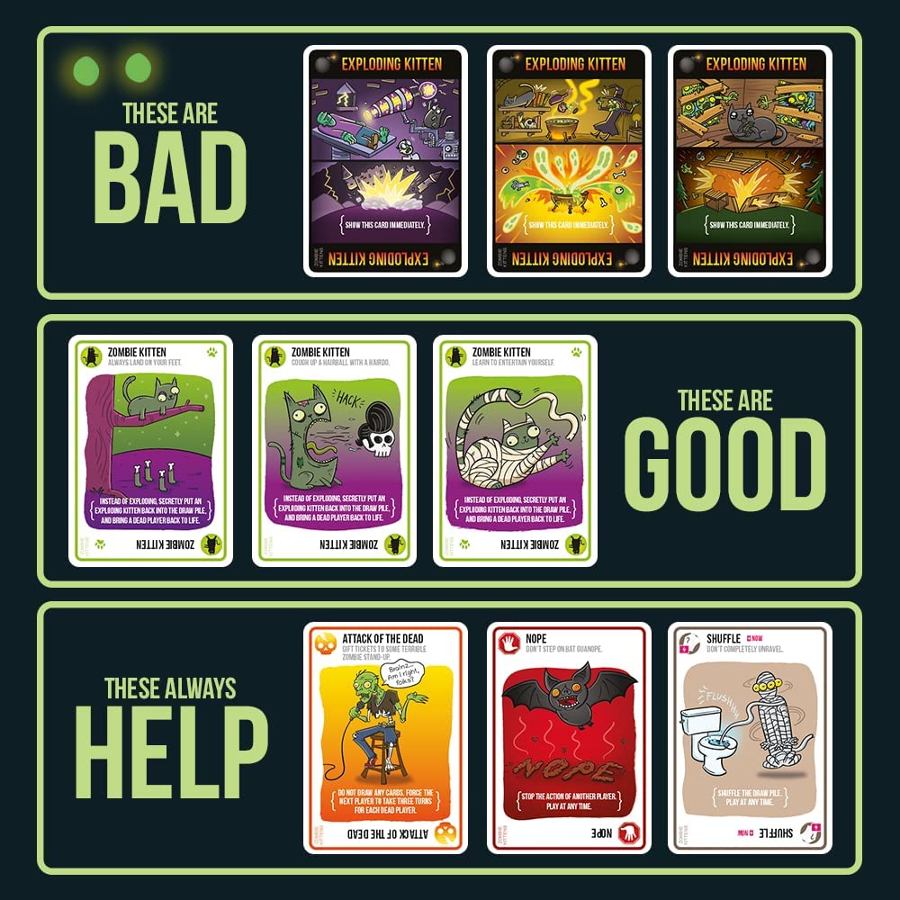 Exploding Kittens Zombie Kittens showing bad and good cards as well as helpful cards