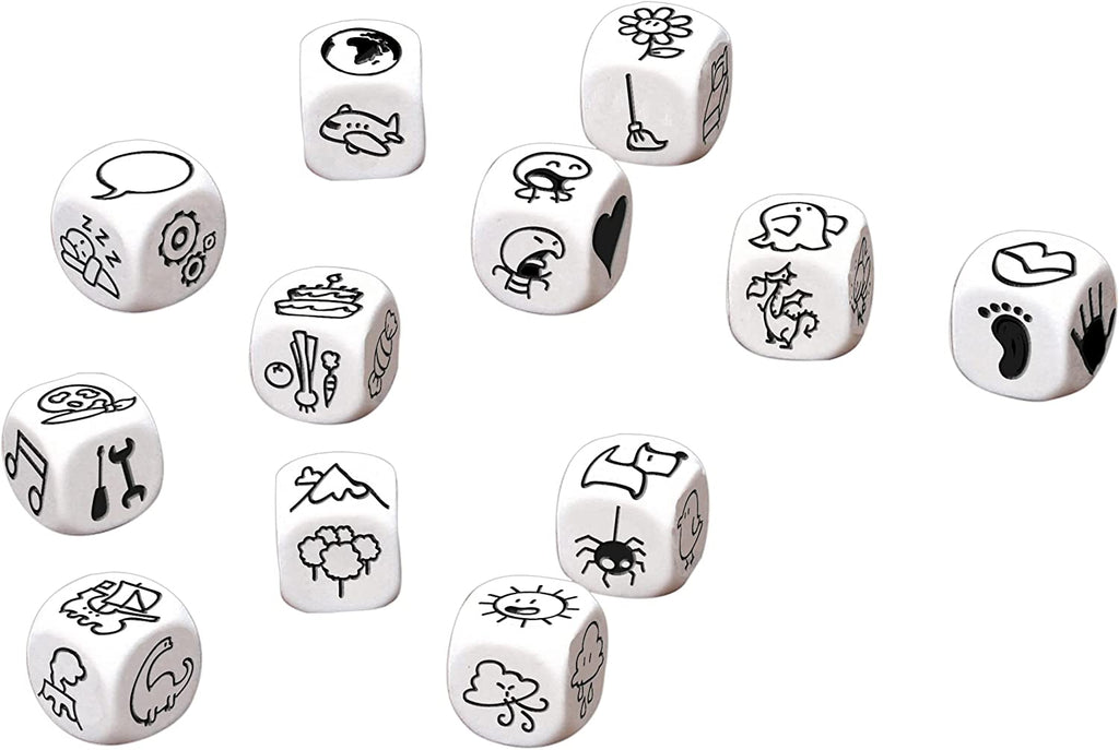 Presentation of dice components with symbols of the Gigamic Imagidice board game