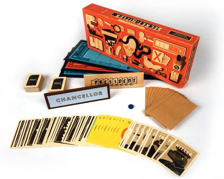 Goat, Wolf & Cabbage Secret Hitler board game contents with cards, roles and gaming boards presented