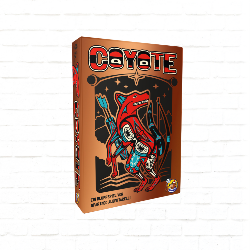 HeidelBÄR Games Coyote Deutsche Ausgabe Cover des Bluff-Kartenspiels für 3 bis 6 Spieler ab 10 Jahren
