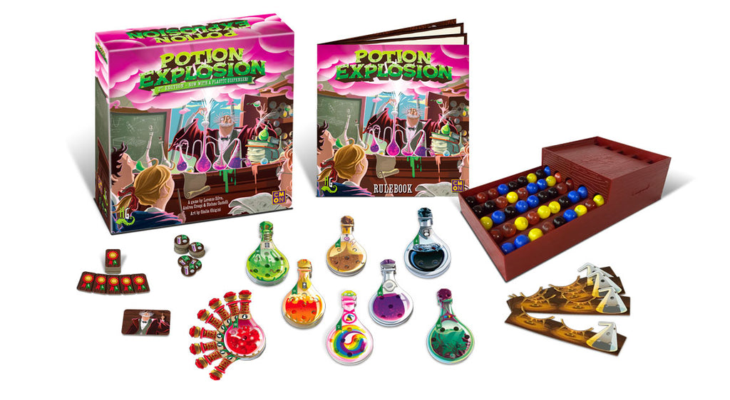Horrible Guild Potion Explosion 2nd English Edition board game cover of family strategy game contents of potions markers marbles dispencer and rulebook