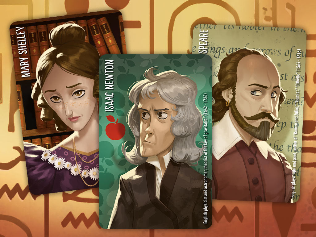 Horrible Guild Similo History Card game cover of cooperative party game Isaac Newton, Mary Shelley and William Shakespeare characters