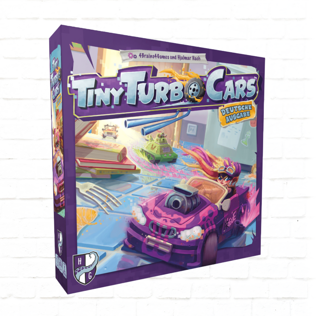 Horrible Guild Tiny Turbo Cars Deutsche Ausgabe Brettspiel-Cover eines Familien-Rennspiels für 2 bis 4 Spieler ab 8 Jahren