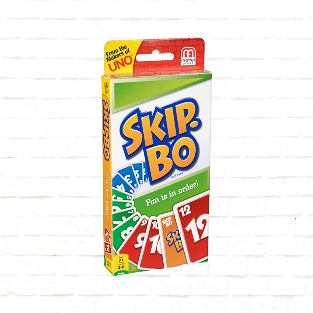 Mattel Skip-Bo International Edition 3d cover of card game for 2 to 6 players ages 7 and up playing time 20 minutes 
