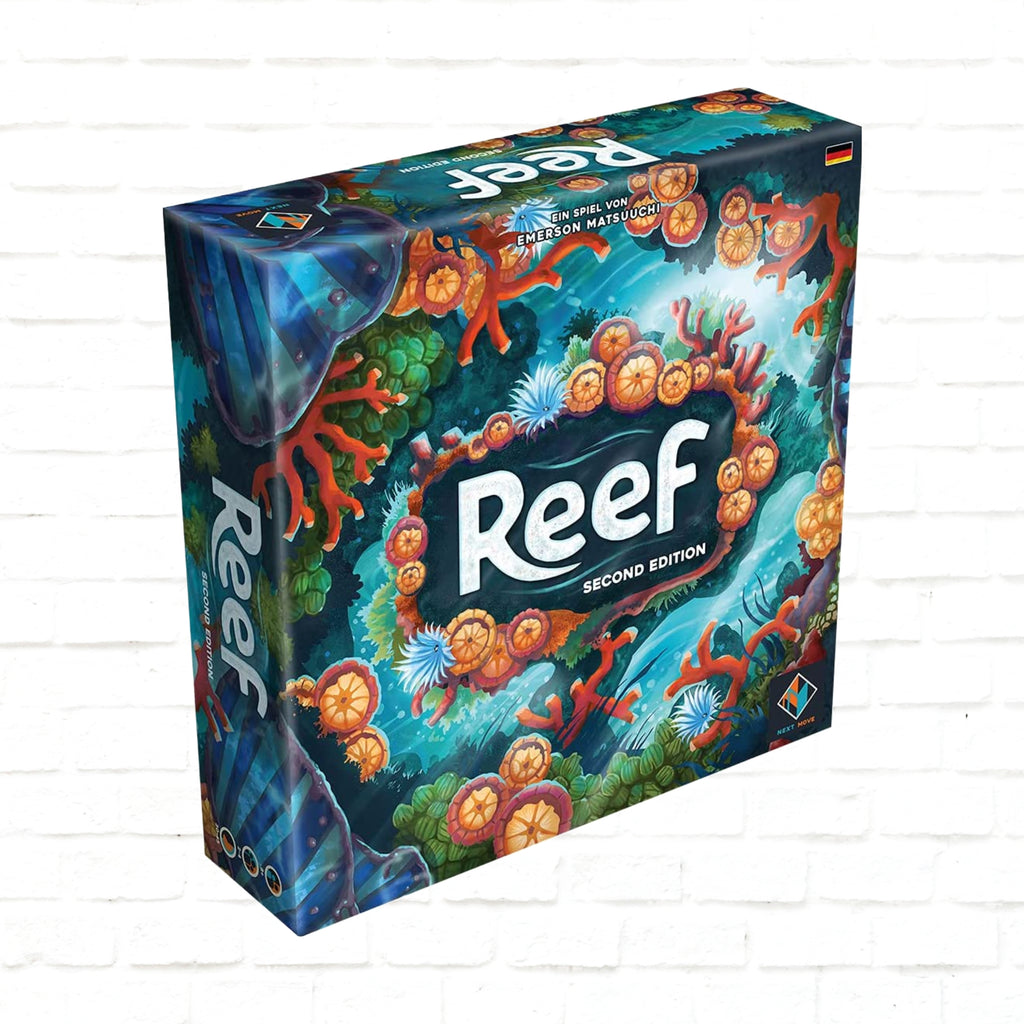 Next Move Games Reef Second Edition Neuauflage Deutsche Ausgabe 3D-Cover des Brettspiels für 2 bis 4 Spieler ab 8 Jahren Spieldauer 30 bis 45 Minuten