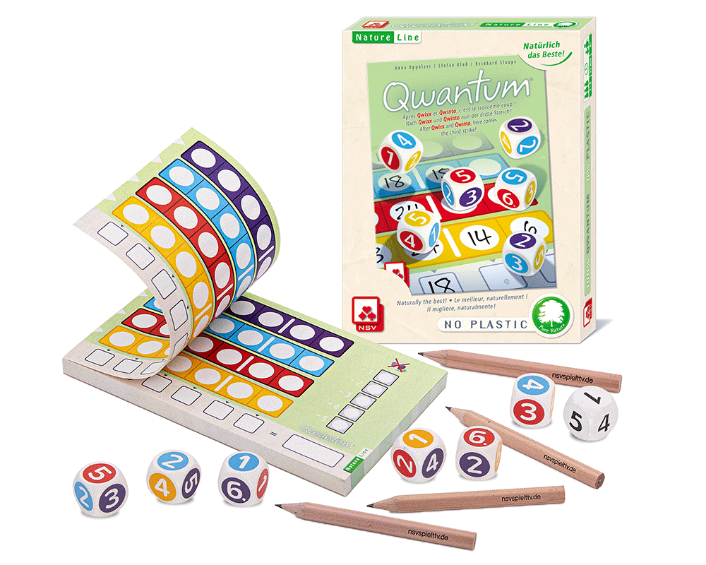 Nürnberger-Spielkarten-Verlag Qwantum Natureline International dice game pencil dice and score pad components presentation