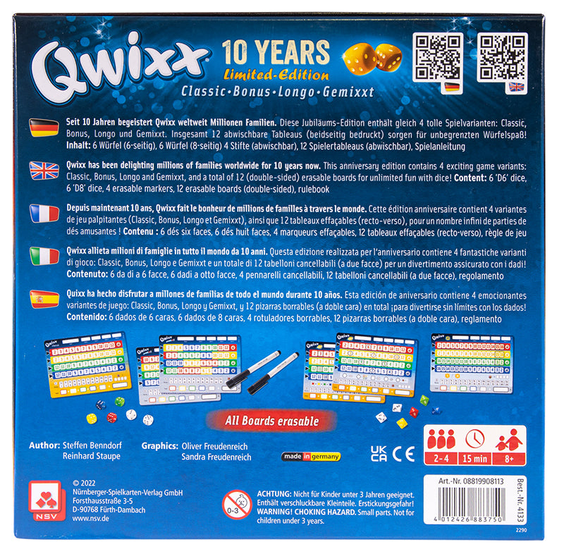 Nürnberger-Spielkarten-Verlag Qwixx 10 Years Anniversary Limited Edition dice game box back description