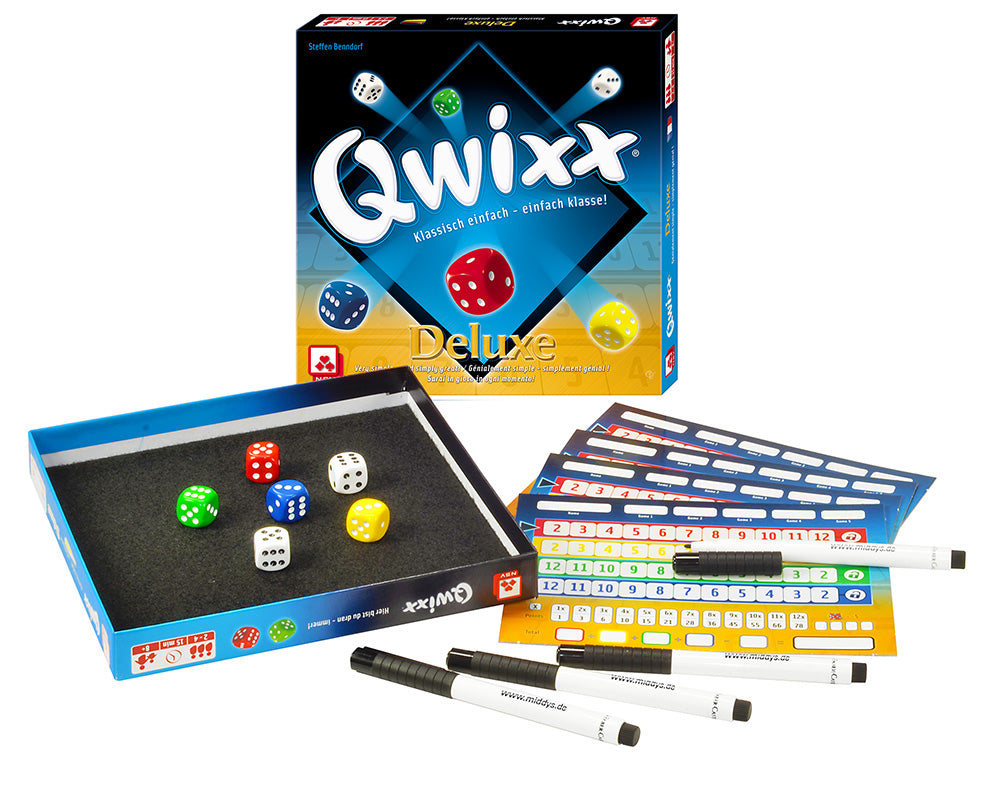 Nürnberger-Spielkarten-Verlag Qwixx Deluxe dice game pen dice scoring sheet components presentation