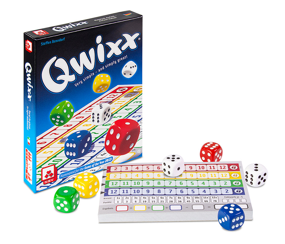 Nürnberger-Spielkarten-Verlag Qwixx International dice game dice and score pad components presentation