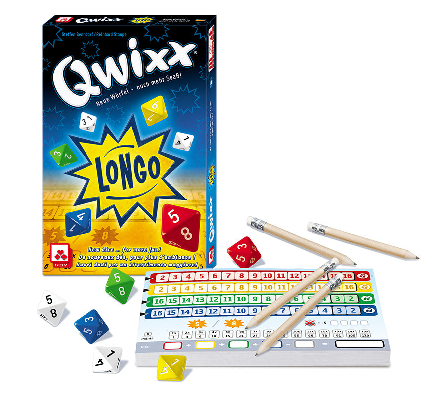 Nürnberger-Spielkarten-Verlag Qwixx Longo International dice game pencils dice and score pad components presentation