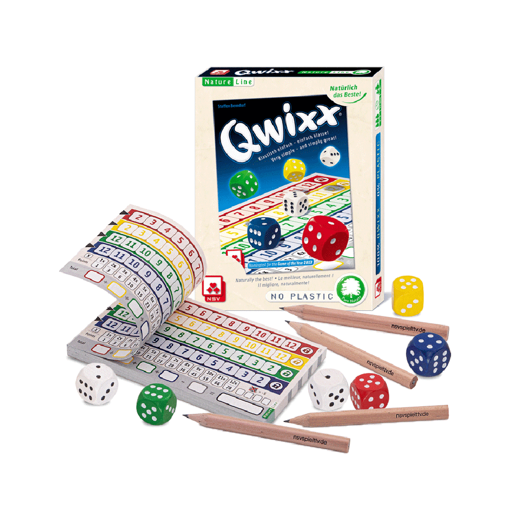 Nürnberger-Spielkarten-Verlag Qwixx Natureline International dice game pencils dice and score pad components presentation