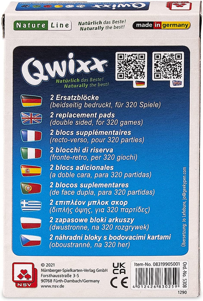 Nürnberger-Spielkarten-Verlag Qwixx natureline replacement score pads dice game box back description
