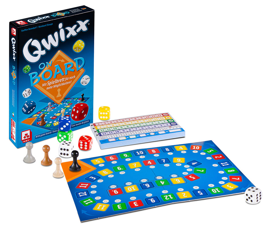 Nürnberger-Spielkarten-Verlag Qwixx On Board International dice game figurines dice and score pad components presentation