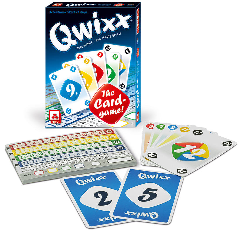 Nürnberger-Spielkarten-Verlag Qwixx The Card Game International card game cards and score pad components presentation