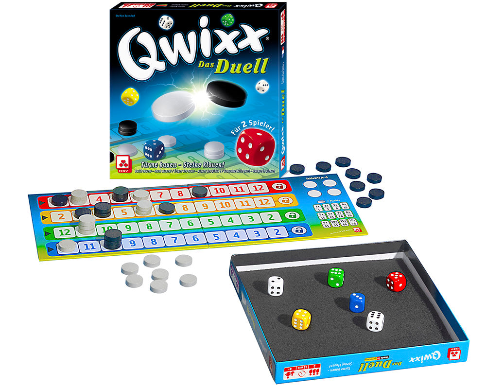 Nürnberger-Spielkarten-Verlag Qwixx The Duel International dice game dice tokens and score boards components presentation