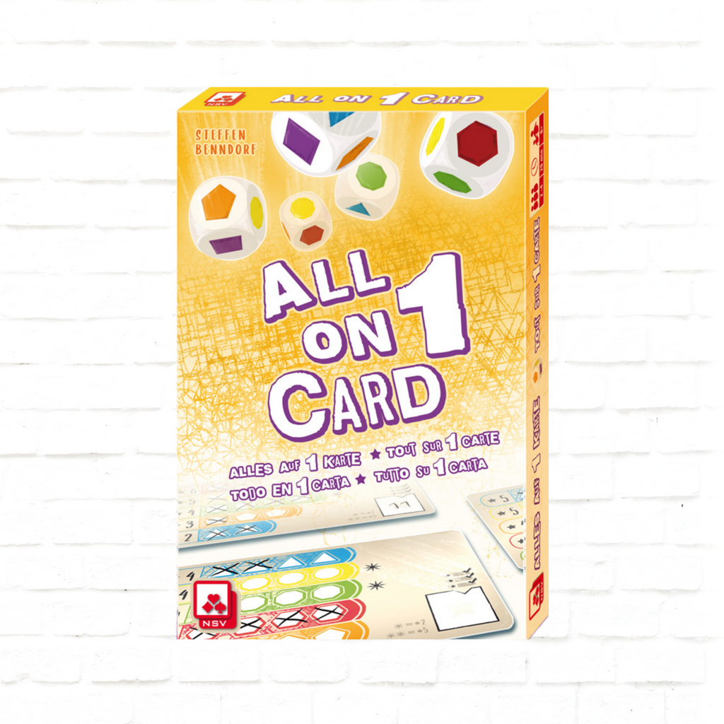 Nürnberger-Spielkarten-Verlag All on 1 Card International Edition dice game cover of quick-playing family card game for 2 to 4 players ages 8 and up