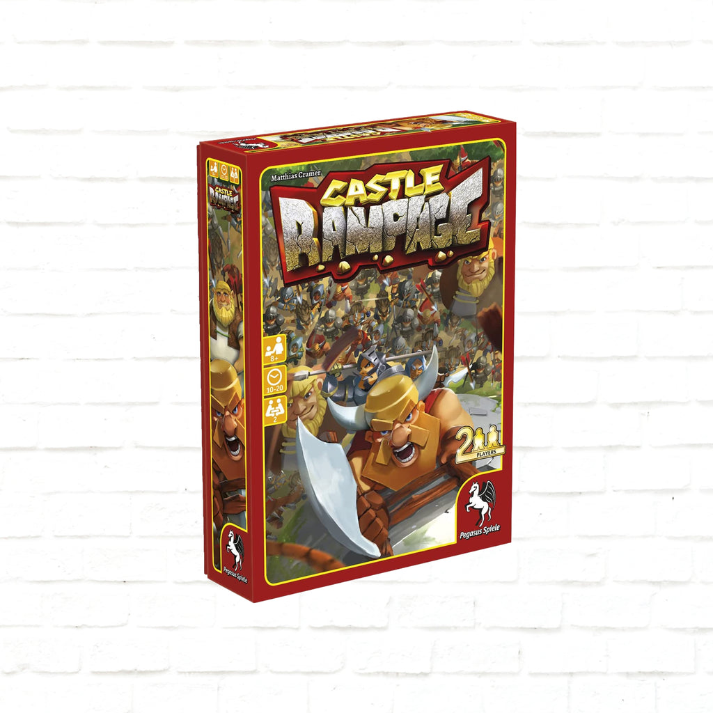 Pegasus Spiele Castle Rampage English Edition 3d cover of a card game for 2 players ages 8 and up playing time 10 to 20 minutes