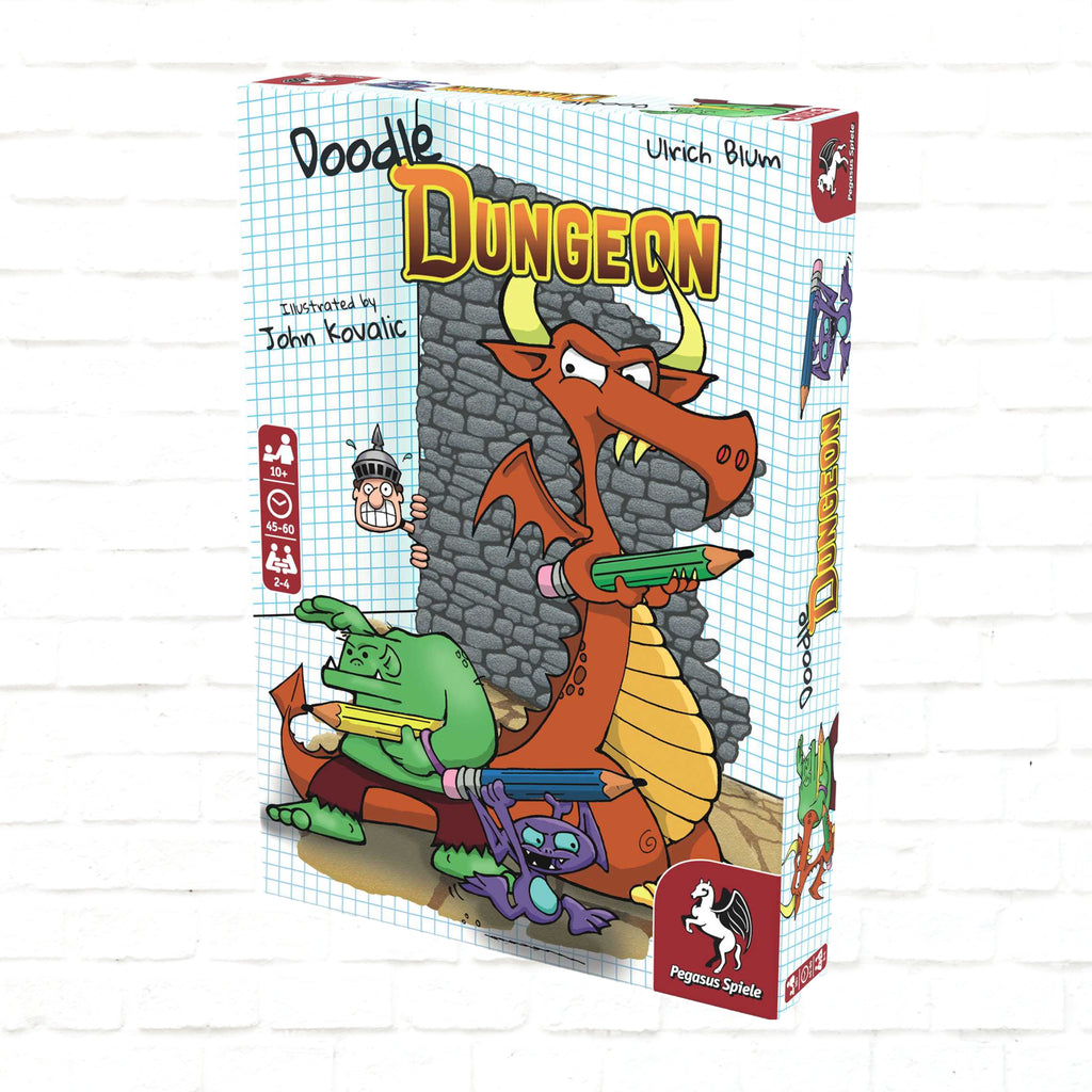 Pegasus Spiele Doodle Dungeon English Edition 3d cover of a board game for 2 to 4 players ages 10 and up playing time 45 to 60 minutes