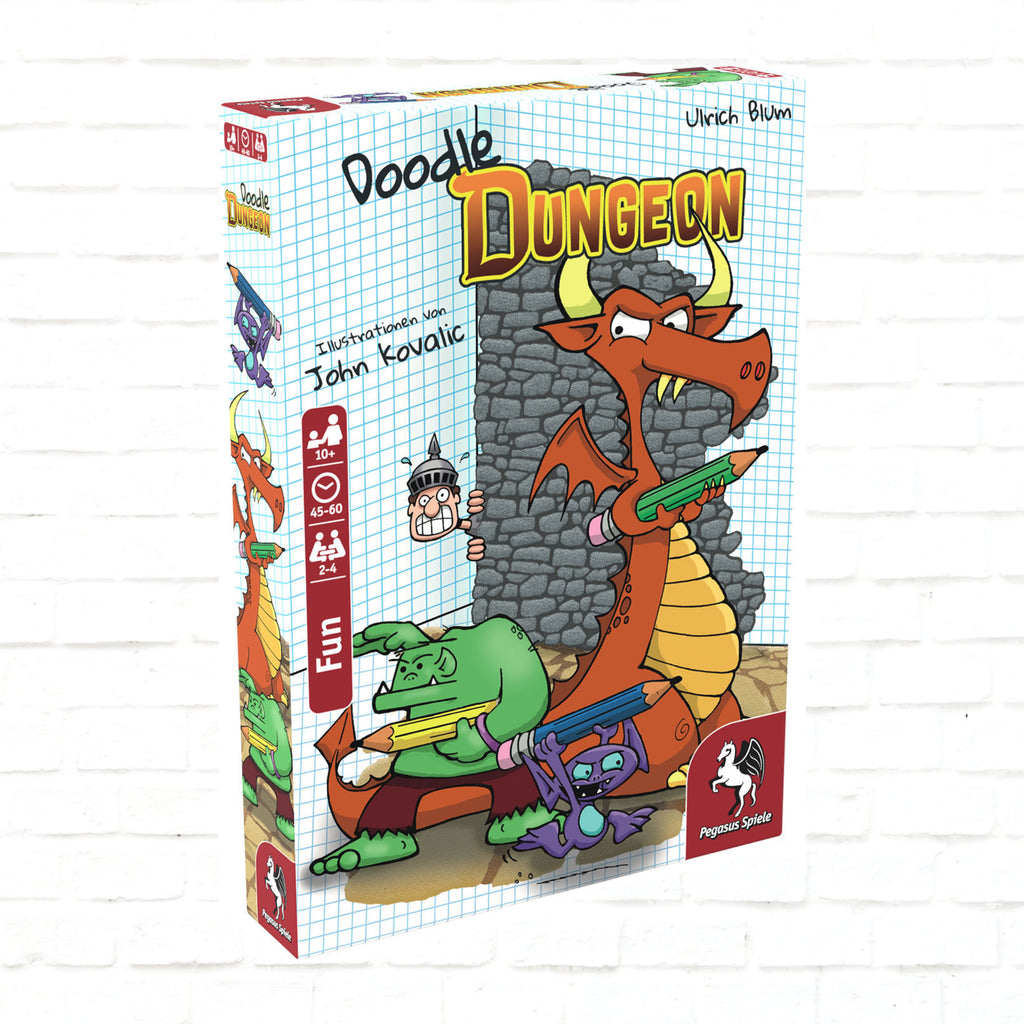 Pegasus Spiele Doodle Dungeon Deutsche Ausgabe 3D-Cover eines Brettspiels für 2 bis 4 Spieler ab 10 Jahren Spieldauer 45 bis 60 Minuten