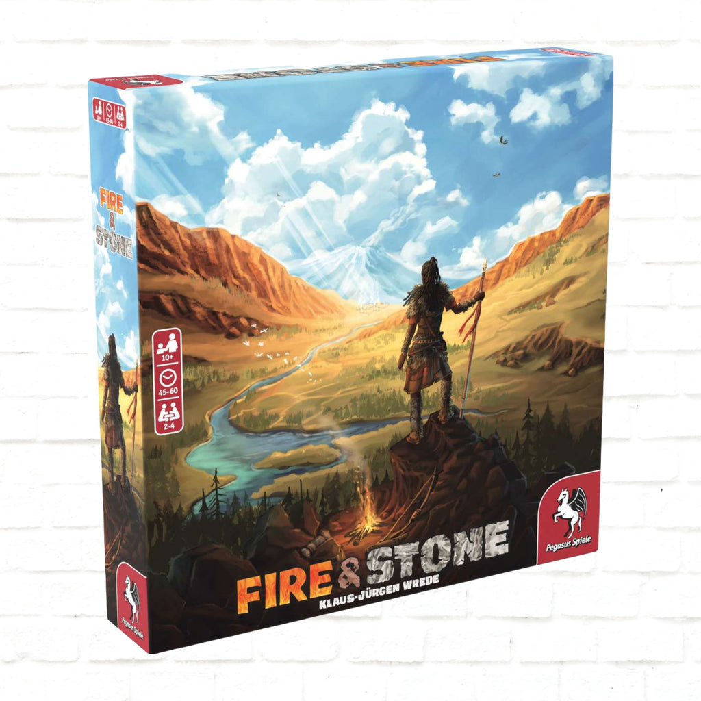 Pegasus Spiele Fire & Stone English Edition 3d cover of a board game for 2 to 4 players ages 10 and up with playing time 45 to 60 minutes