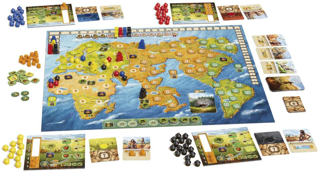 Pegasus Spiele Fire & Stone board game contents with a world map player boards meeples tokens and cards