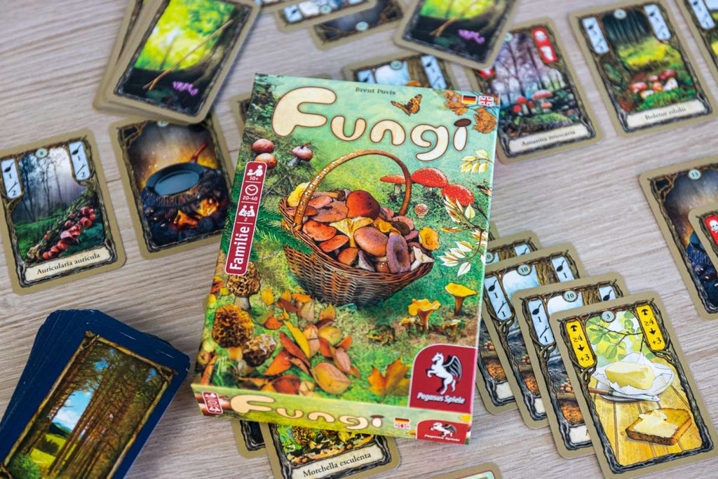 Pegasus Spiele Fungi card game contents with beautiful cards displayed in a top-down shot