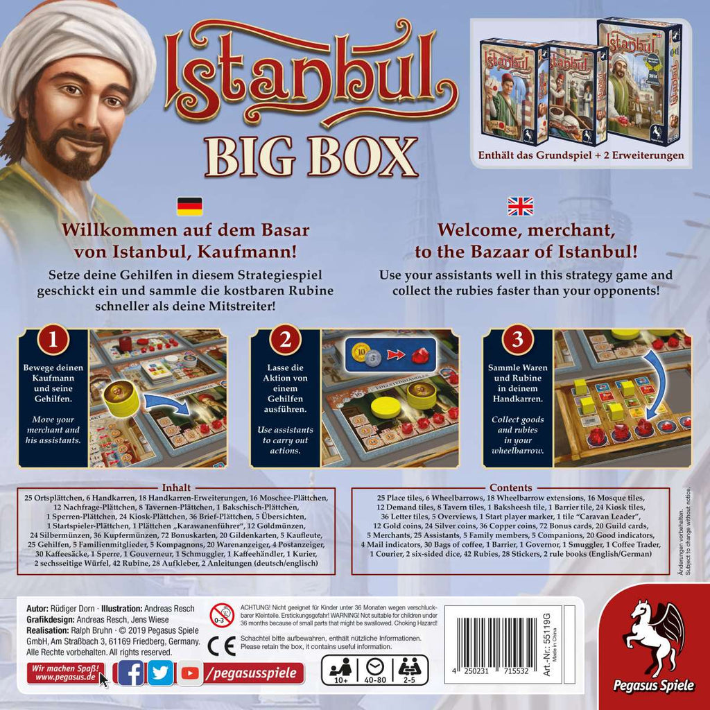 Pegasus Spiele Istanbul Big Box board game 2d box back of English and German Edition