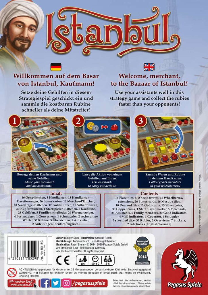 Pegasus Spiele Istanbul board game 2d box back of English and German Edition
