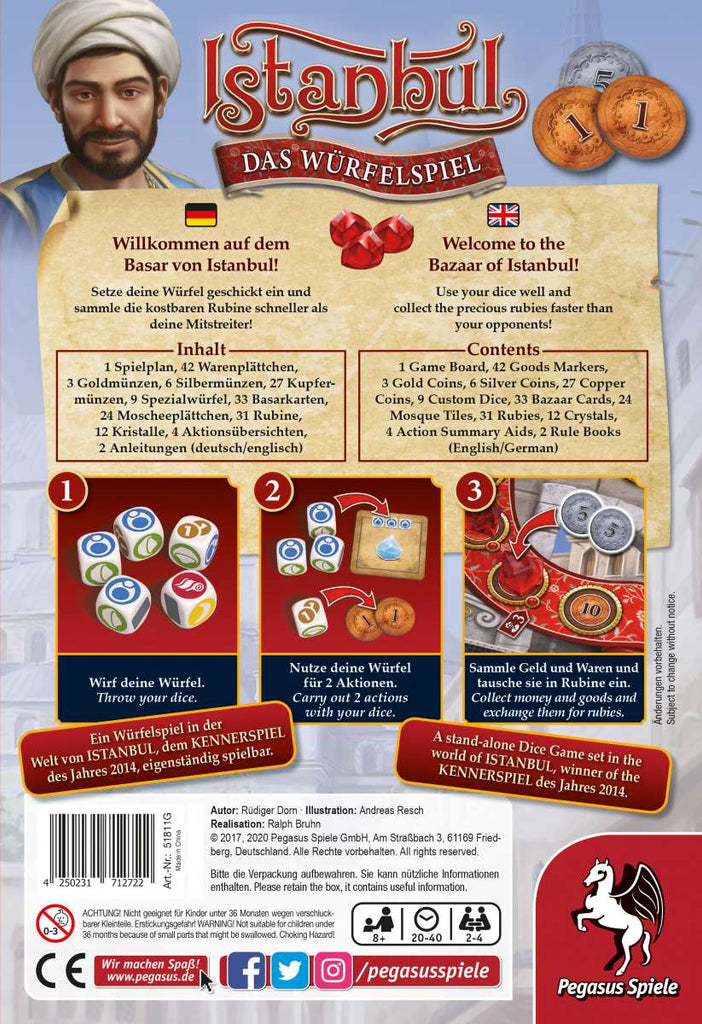 Pegasus Spiele Istanbul the dice game 2d box back of English and German Edition