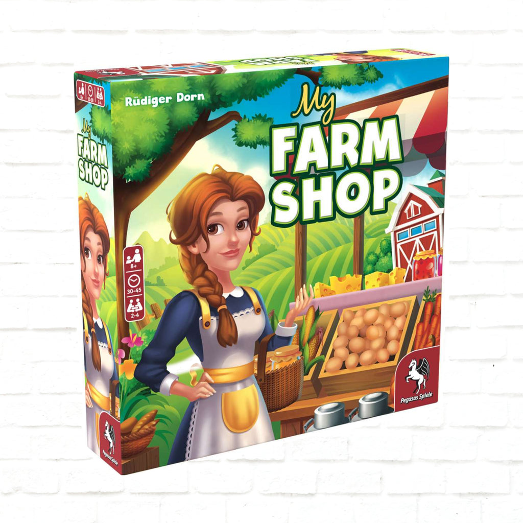 Pegasus Spiele My Farm Shop English German Edition 3d cover of the board game for 2 to 4 players ages 8 and up with playing time 30 to 45 minutes
